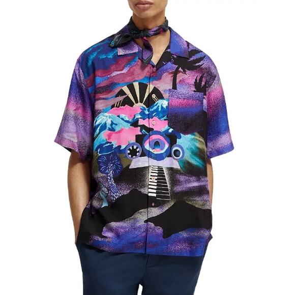Scotch & Soda Placed Printed Camp Button Up Shirt Purple Mens Size Medium - Picture 1 of 12